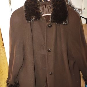 Jo-D Woman 2X Brown Wool Coat leopard fauxfur cuff